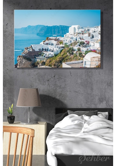 Yunanistan Santorini Adası Oia Köyü Ve Ege Denizi Manzarası Dekoratif Yatay Kanvas Tablo 4062 Çok Renkli