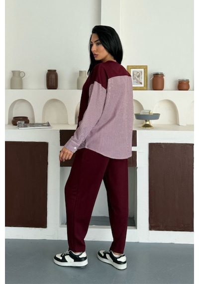 Ded Collectıon Kadın Çizgili Uzun Kollu Gömlek Detaylı Yuvarlak Yaka Sweatshirt Modal Takım Bordo