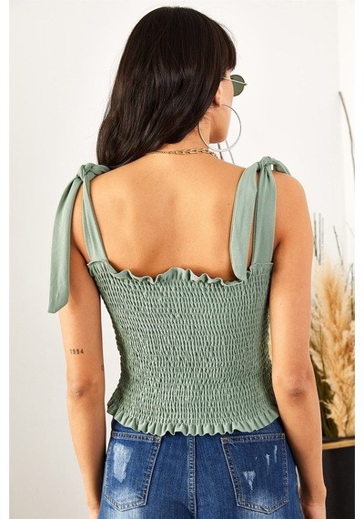 Aqe Fashion Kadın Yeşil Askılı Crop Bluz-Su Yeşili