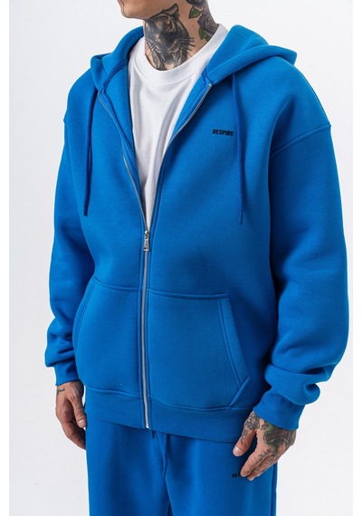 Erkek Respire Yazı Detaylı Kapüşonlu Basic Zip Oversize Hoodie Mavi