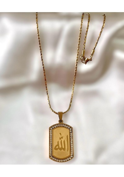 Gns Aksesuar Zirkon Taşlı Allah Yazılı Gold Renk Çelik Kolye