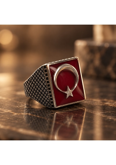 925 Ayar Türk Bayraklı Kare Erkek Yüzük Renkli