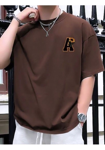 A Harf Baskılı Oversize Bisiklet Yaka Unisex Tişört Kahve
