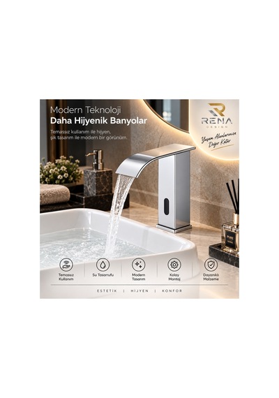 Rena Design Fotoselli Sensörlü Krom Kare Lavabo Bataryasi Temassiz Otomatik Tasarruflu Modern Musluk