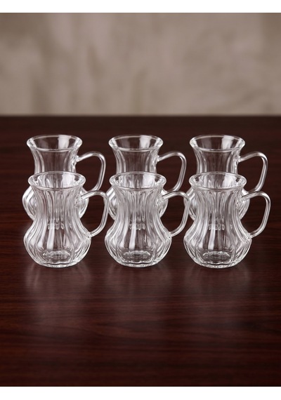 Lüks Detaylı Kulplu Cam Çay Bardağı Seti 6 Kişilik 150 Ml Beyaz
