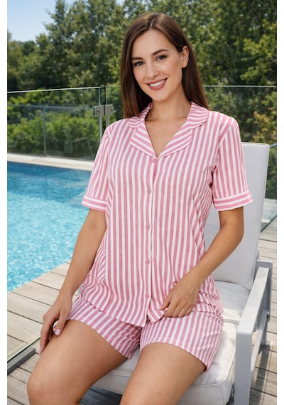 Remsa Kadın Desenli Kısa Kol Önü Düğmeli Suprem Pijama Takımı 0309 Pembe01 Pembe