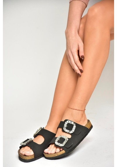 Fox Shoes K777604802 Siyah Süet Çift Tokalı Taşlı Kadın Terlik Siyah-süet Siyah
