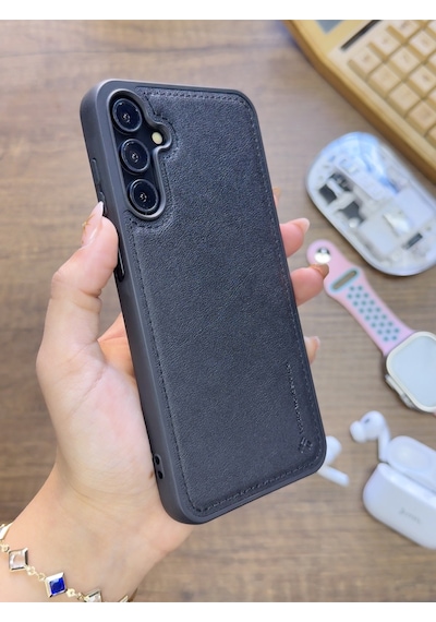 Samsung Galaxy A25 Uyumlu Premium Deri Dokulu Darbelere Karşı Dayanıklı Nazal Silikon Kılıf Siyah