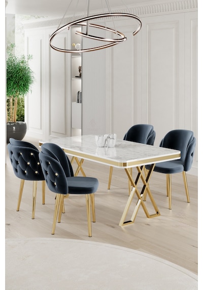 Canisa Rigel Serisi 80x130 Lak Panel Beyaz Mermer Desen Masa Takımı Gold Ayaklı 4 Antrasit Sandalye Masa Beyaz Mermer Desen Sandalye Antrasit