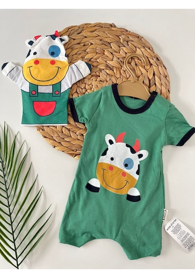 İnek Animal Baskılı Soğuk Yeşil Bebek Tulum Kukla Hediyeli Yeşil