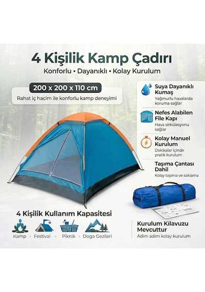 Buffer 4 Kişilik Kamp Çadırı Manuel Kurulum Düz Kapılı Outdoor Dayanıklı Kamp Doğa Çadırı 200 X 200 X 110 Cm Sarı