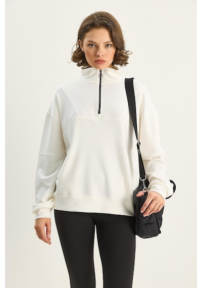 Shade Kadın Dik Yaka Yarım Fermuarlı Cep Detaylı Oversize Modal Sweatshirt 60601053 - Ekru