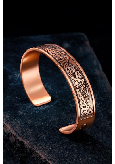 Erkek Bakır Bileklik - Viking Hayat Ağacı - Yggdrasill İskandinav Mitolojisi Erkek Kelepçe Bileklik Rose Gold