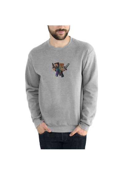 Minecraft Illüstrasyon Baskılı Gri Erkek Örme Sweatshirt