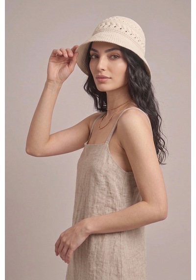 Mollycrush Kadın Yazlık Plaj Şapkası Natural Krem Renk Bucket Güneş Koruyucu Şık Model Krem