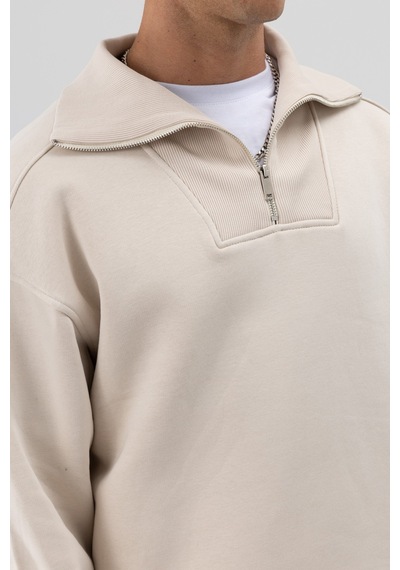 Vamos Basic Fermuarlı Dik Yaka Sweatshirt Taş