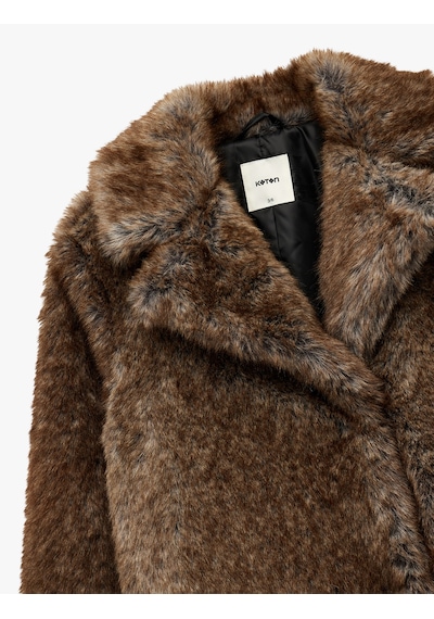 Koton Koton X Melis Ağazat - Düğmeli Uzun Kollu Suni Kürk Kaban Kahverengi 6wak00300ew Kahverengi