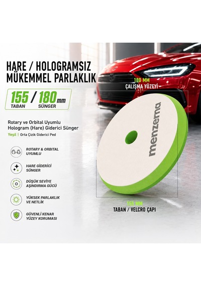 Menzerna Hare Giderici Cila Süngeri 155/180mm - Yeşil Rotary Orbital Uyumlu Hologram Giderici Ped