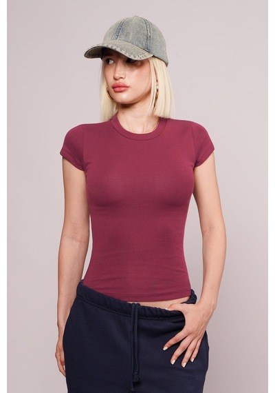 Bordo Bisiklet Yaka Basic Kadın T-shirt Mg2479 Bordo