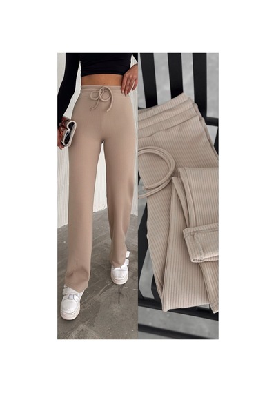 Gugus Kadın Bol Paça İçi Polarlı Fitilli Pantolon Içi Wide Leg Eşofman Altı Bej Bej
