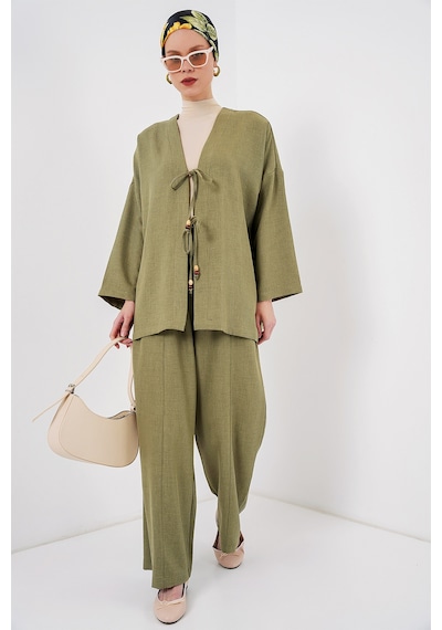 Bigdart Kadın Keten Kimono İkili Takım 6727 - Çağla