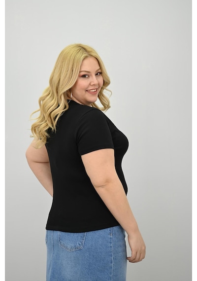 Koza Butik Kadın Büyük Beden Kısa Kollu Bisiklet Yaka Basic T-shirt 1965-25 Siyah