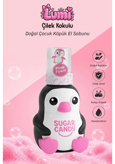 Sugar Candy Çilek Kokulu Doğal Vegan Çocuk Köpük El Sabunu Lumı 350 Ml Paraben İçermeyen Pembe Köpük