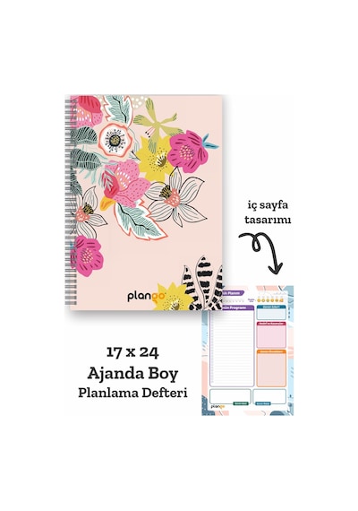 Renkli Çiçekler Spiralli Günlük Planlama Defteri - 100 Sayfa - 17x24 Planlayıcı Defter Beyaz - Mor