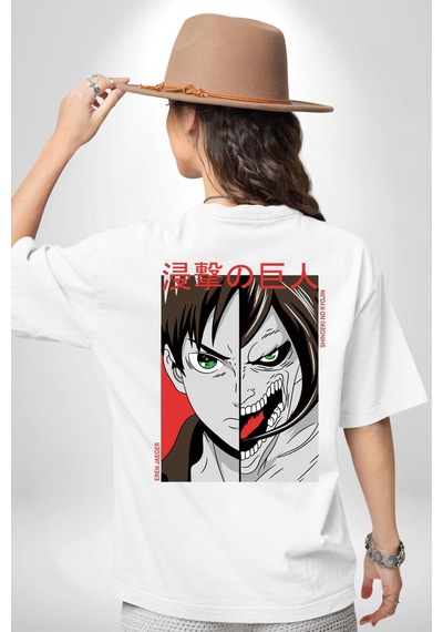 Anime Titan Saldırısı Beyaz Oversize Unisex Ön Ve Sırt Baskılı Tişört Beyaz