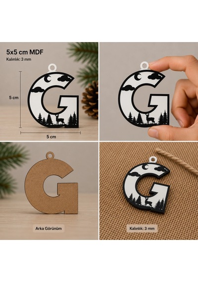 G Harf Yılbaşı Süsü Mdf Çam Ağacı Desenli Asılabilir Dekor 5x5 Cm