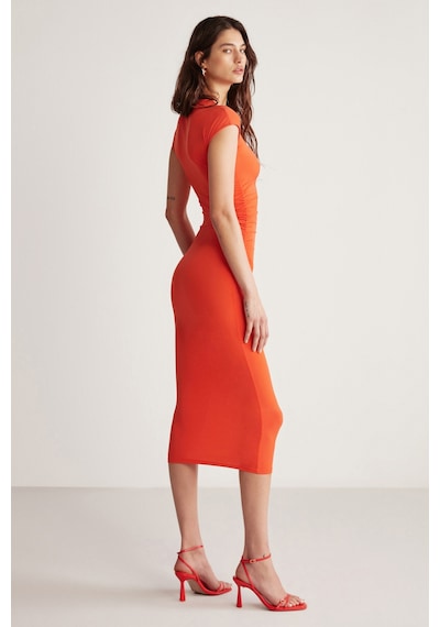 Ethıquet Rosalıa Kadın Esnek Dökümlü Sandy Kumaşlı Bodycon Vücüdu Saran Maxi Nar Çiçeği Elbise