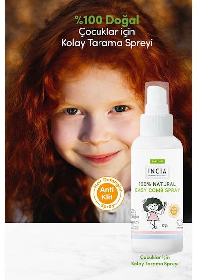 INCIA %100 Doğal Kolay Tarama Spreyi Çocuklar İçin Nemlendirici Parlaklaklaştırıcı Anti Klit 100 ml