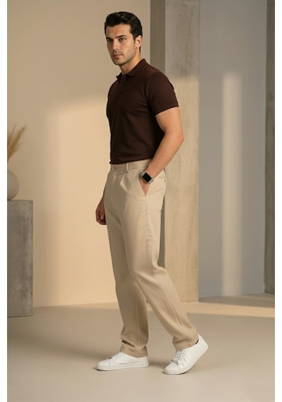 Bürke Çift Pileli Krem/Bej Beli Yarım Lastikli Kaliteli Keten Görünümlü Baggy Pantolon