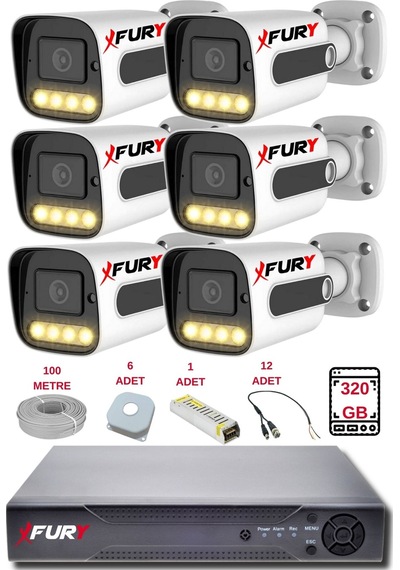 Fury 6 Kameralı Set Full Hd Gece Renkli Görüş - Cepten İzle - Su Geçirmez Güvenlik Kamerası Seti 320gb