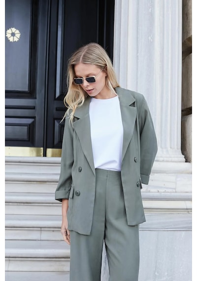 Jument Kadın İpeksi Dokulu Modal Kumaş Yakalı Cep Kapaklı Oversize Salaş Blazer Ceket-haki