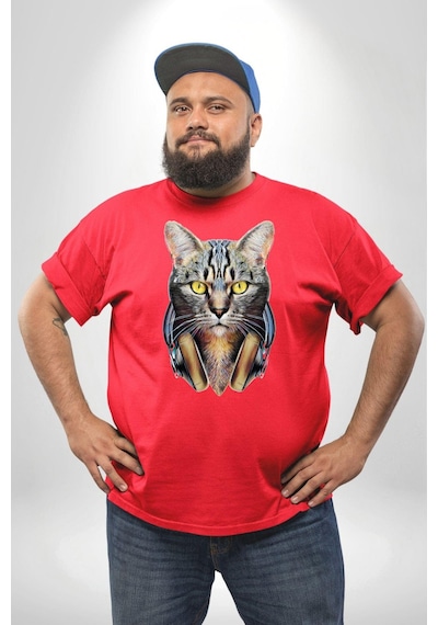 Angemiel Kulaklık Kedi Kırmızı Büyük Beden Erkek Kadın Unisex Basic Ön Baskılı Tişört Kırmızı