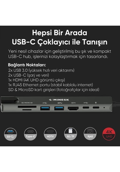 Usb-c Hub Laptop Ve Macbook İle Uyumlu Usb Çoklayıcı / 1x Hdmı / 1x Ethernet / 2x Usb 3.0 / 1x Sd Card / 1x Micro Sd Card / 2x Usb -c/çevirici Adaptör 8-in 1 Multi Hub
