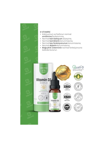 D3 Vitamini Damla Çocuklar İçin 400 Iu Kids D Vitamini Takviyesi - Zeytinyağlı Şekersiz Takviye Edici Gıda 20 Ml 400 Damla