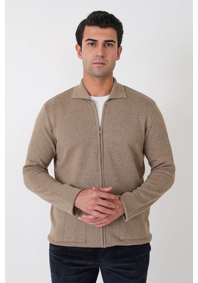 Comfort Fit Fermuarlı Torba Cepli Yünlü Bej Hırka Tr 896