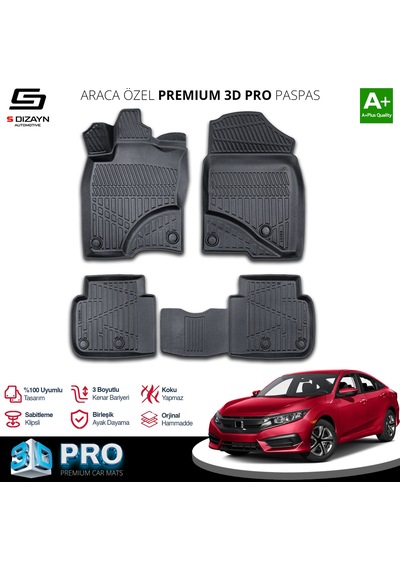 S-dizayn Honda Civic 3d Pro Havuzlu Paspas 2016-2021 A+ Kalite