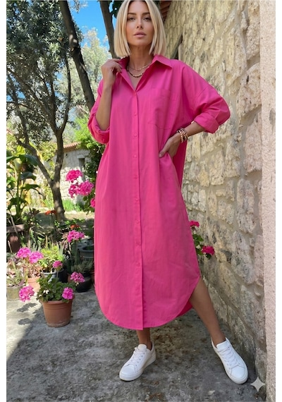 Yıldızistan Kadın Uzun Kol Poplin Cepli Oversize Günlük Spor Tunik Gömlek Elbise Fuşya Pembe 3555352