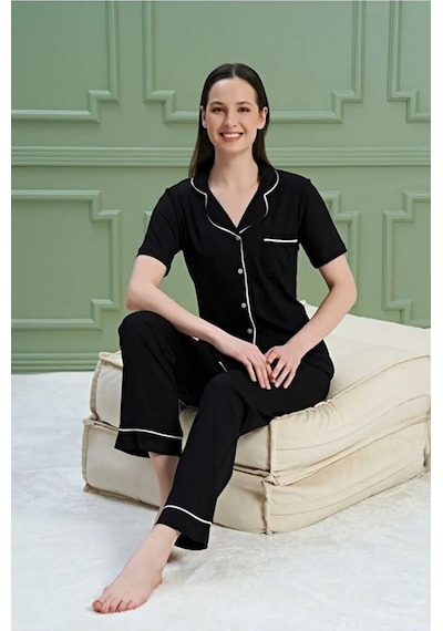 Over Sleep By Poleren Kadın Pijama Takımı Kısa Kollu Modal Önden Düğmeli Gömlek Yaka Siyah
