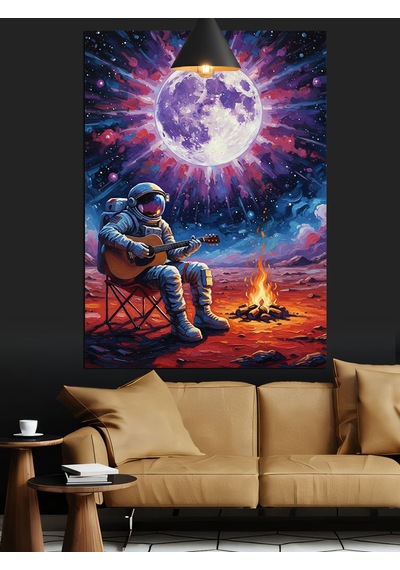 Ay Işığı Manzarasında Uzayda Gitar Çalan Astronot Dekoratif Kanvas - Mdf Ahşap Tablo