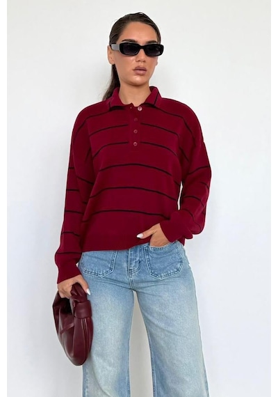 Madmext Bordo Çizgili Polo Yaka Kadın Triko Kazak Mg2470 Bordo