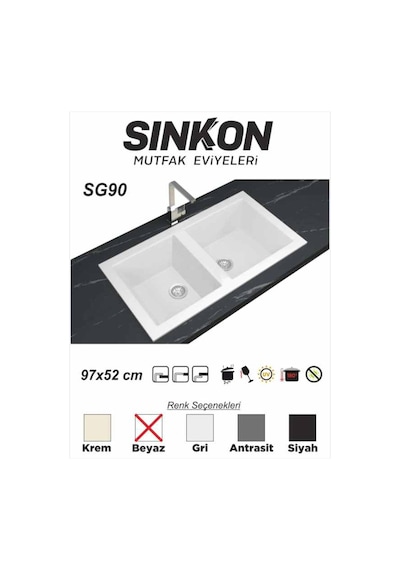 Sinkon Beyaz Granit Eviye 97 x 52 / Çift Gözlü - Sg90 - Sinkon