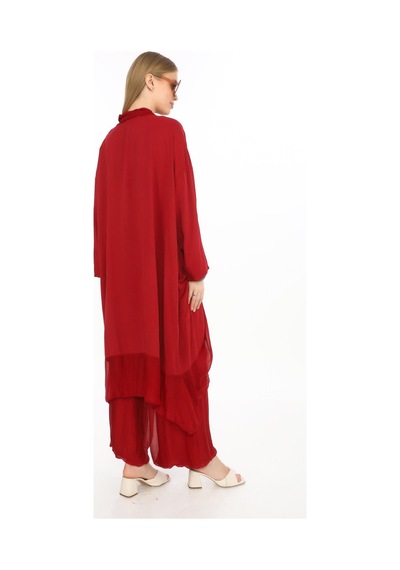 Bohem Stil Italyan Ipek Detaylı Oversize Kap Bluz- Wes Pantolon Takım-8863 Bordo