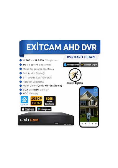 Exitcam 3 Kameralı Full Hd Sesli Ahd Güvenlik Seti 320 Gb Hdd, Renkli Gece Görüşü