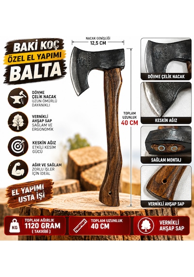 Özel El Yapımı Vernikli Saplı Balta Dövme Çelik Nacak Özel Yapım 1120 Gram Ağırlıkta Keskin Kamp Baltası