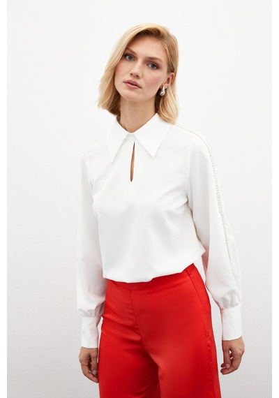 Sateen Kolları İnci Detaylı Bluz - Ekru