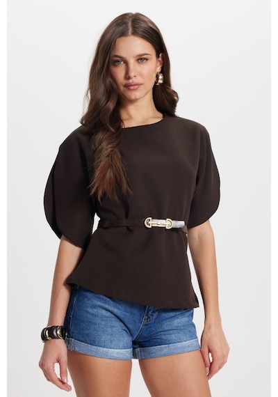 Tudors Kadın Slim Fit Dar Kesim Kol Detaylı İnce Kemerli Fermuarlı Kahverengi Bluz Gömlek-50760